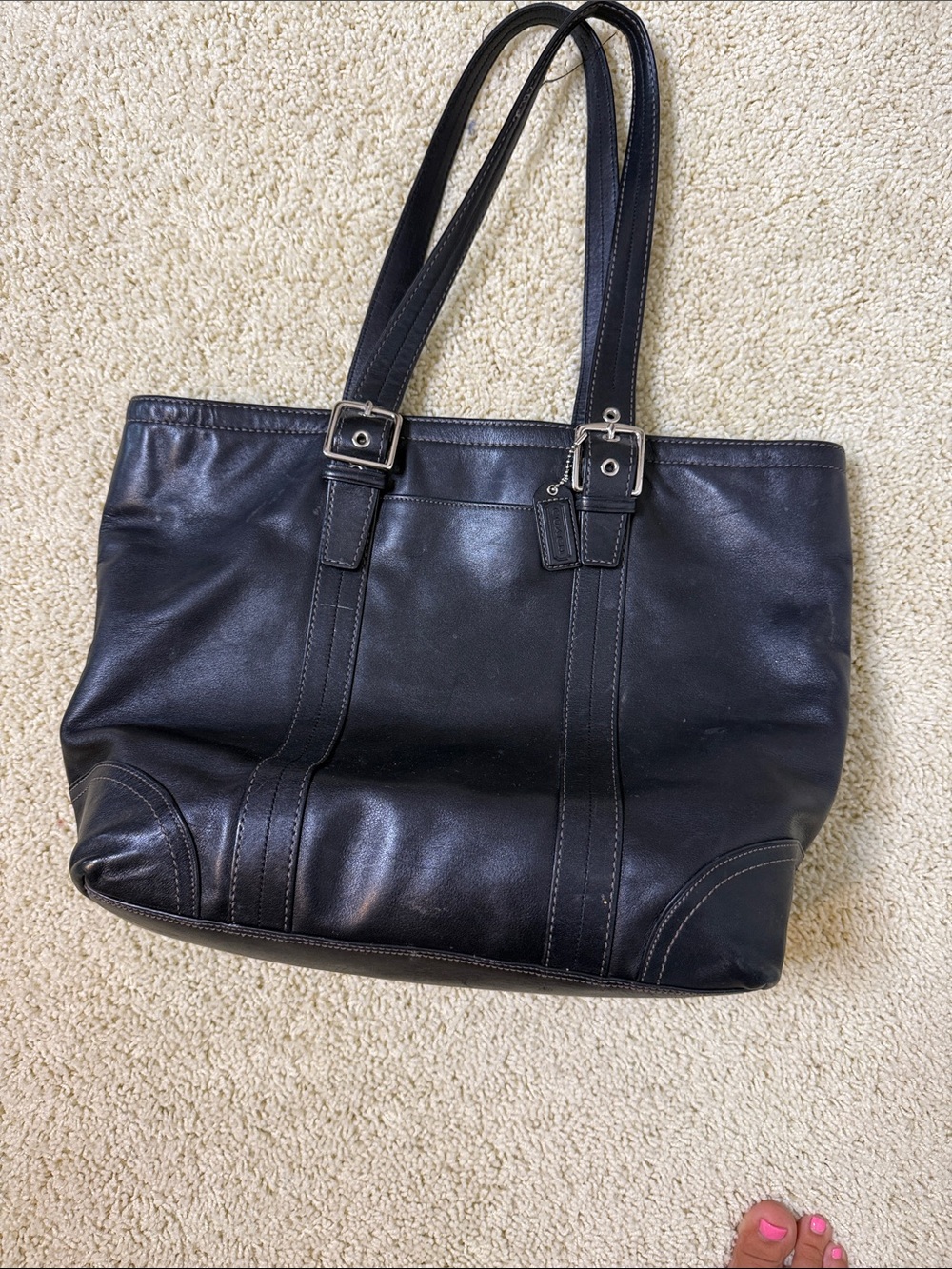 Coach Black Leather Double-Handle Tote with Buckle Accents